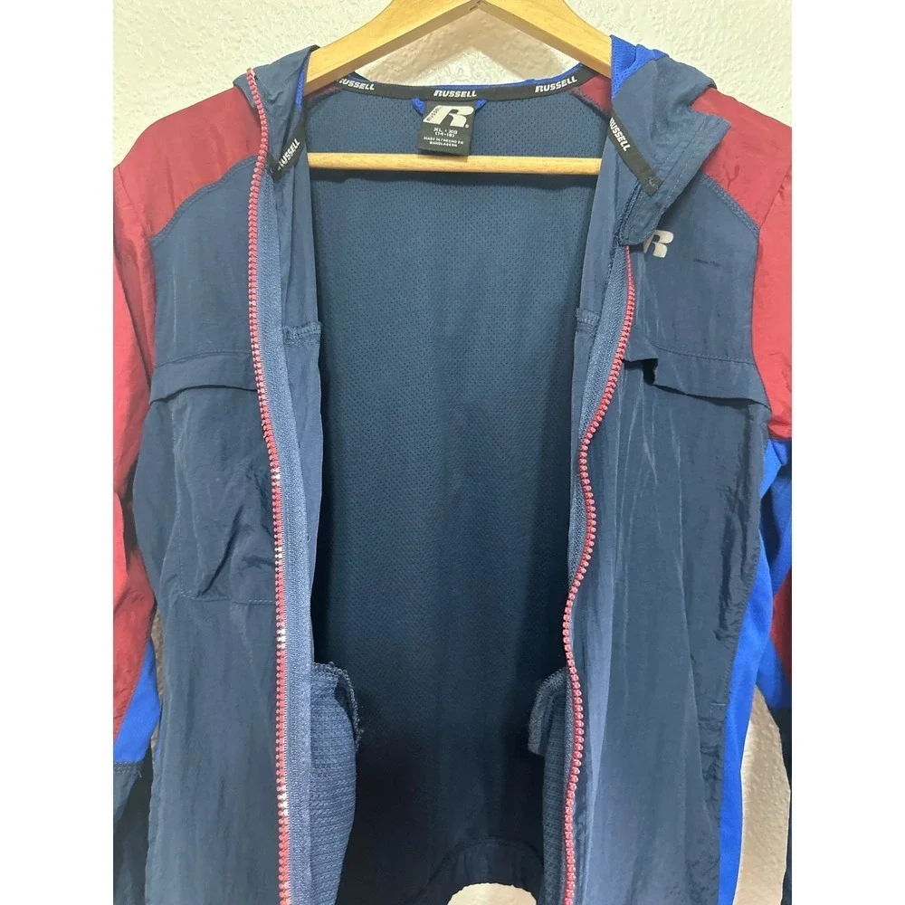 Russell Boys XL 14-16 Windbreaker Jacket Navy Blue Burgundy Zip Hooded